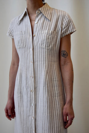Neutral Striped Linen Button Down Dress