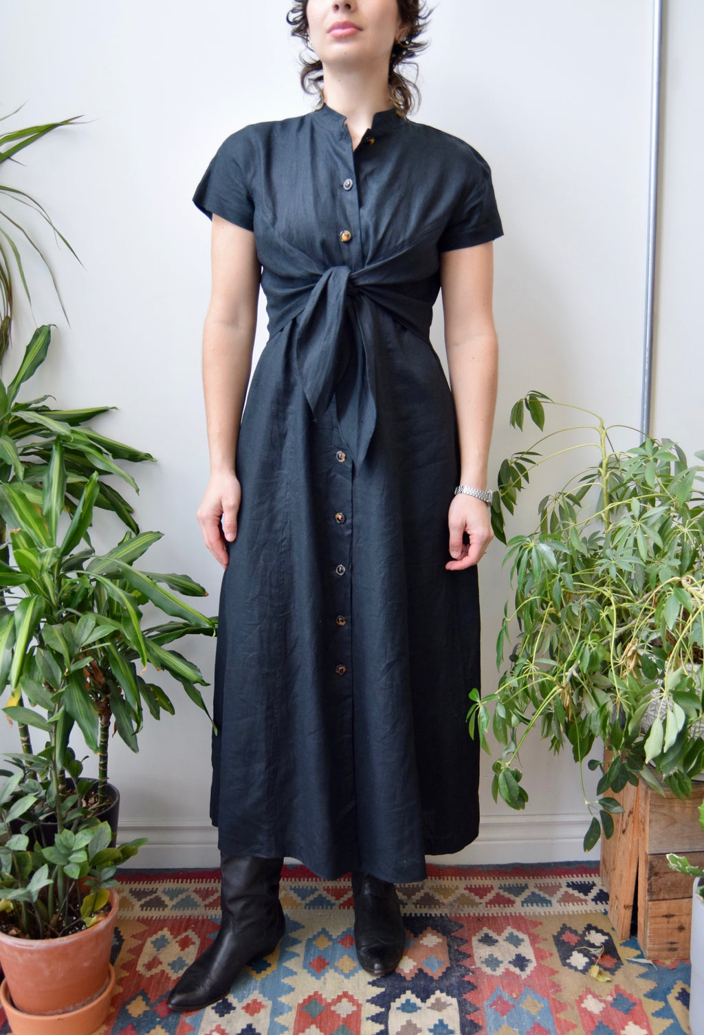 Black Linen Wrap Waist Dress