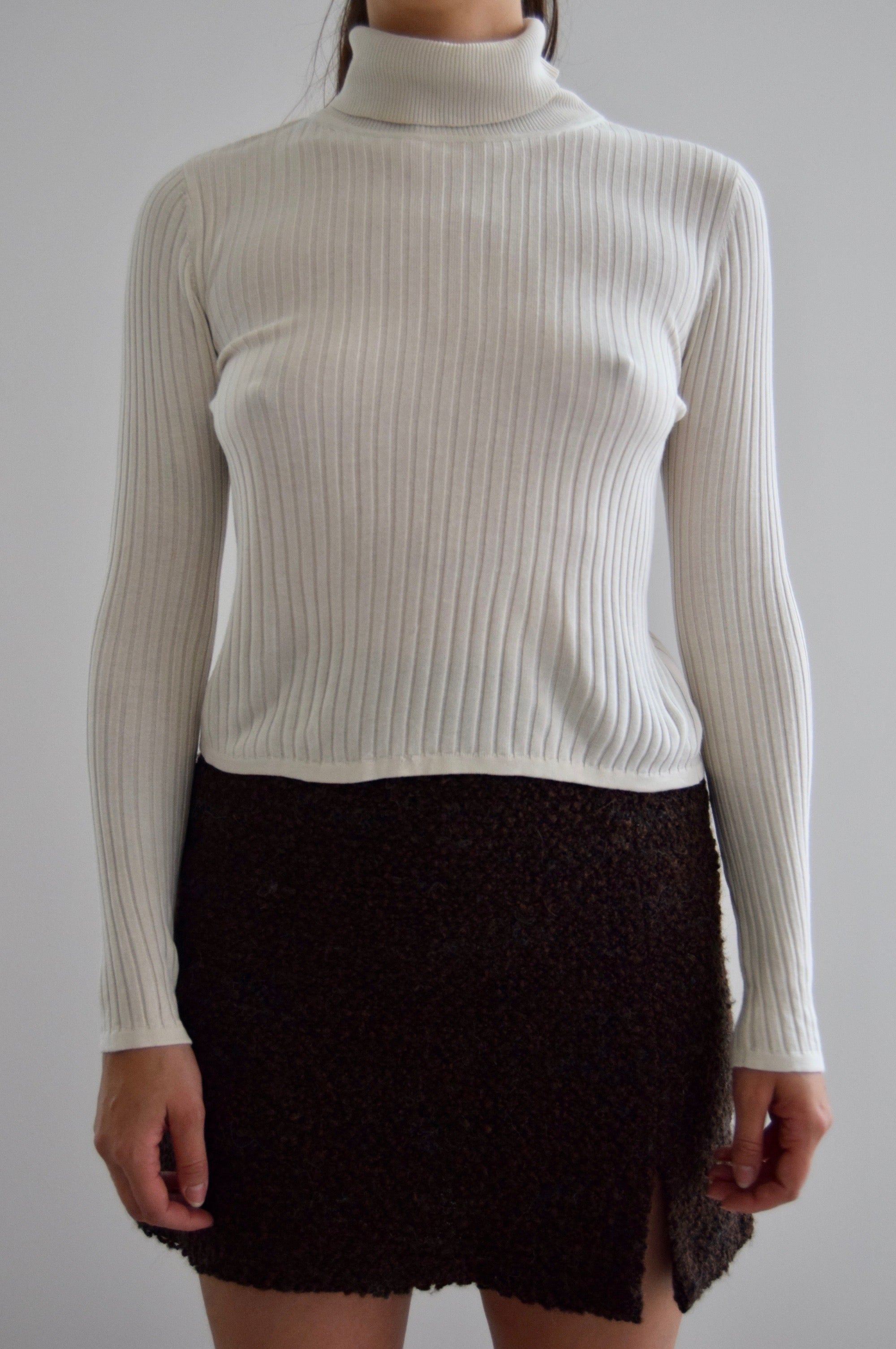 Ivory Cloud Silk Ribbed T Neck Sweater
