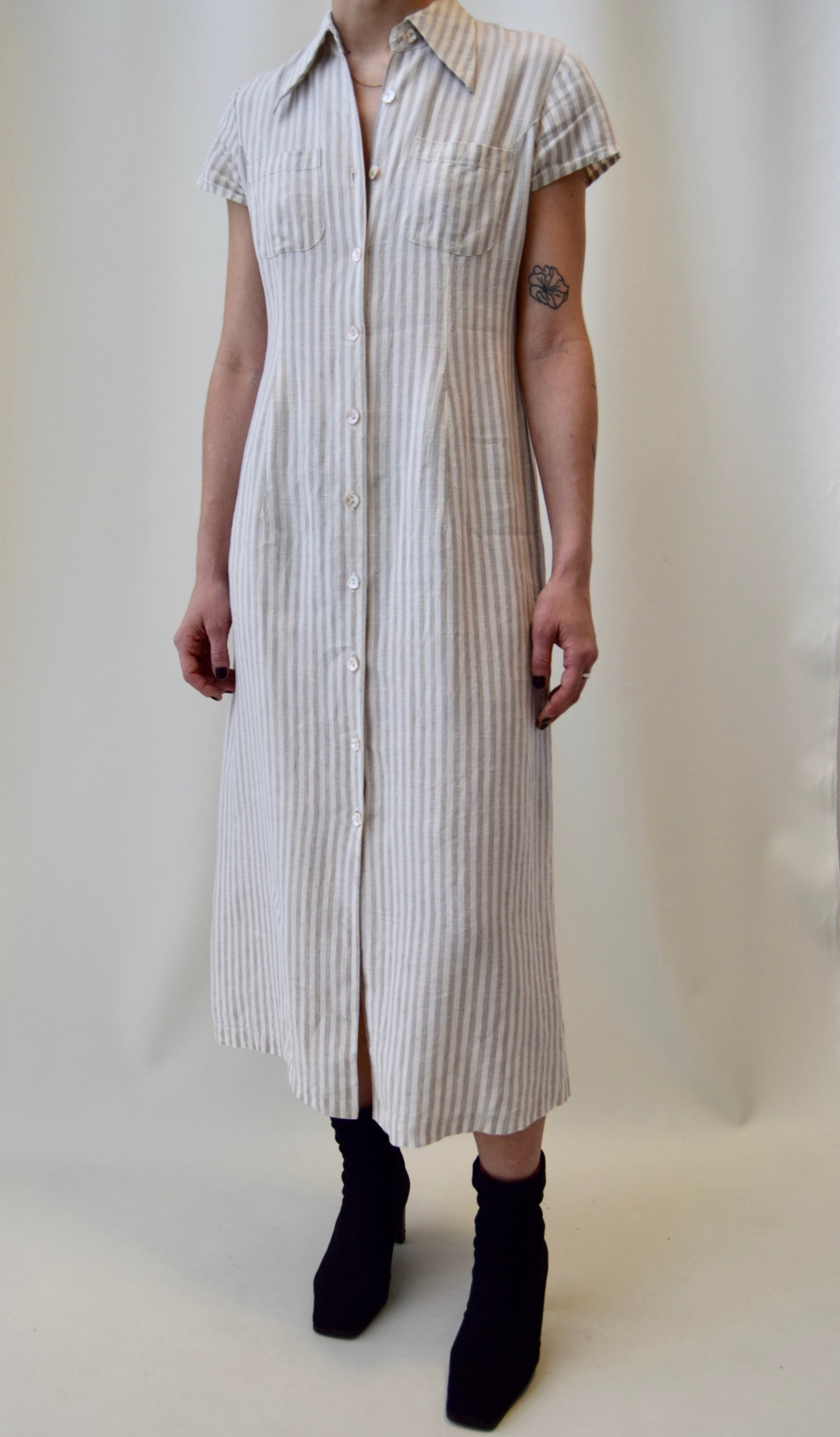 Neutral Striped Linen Button Down Dress