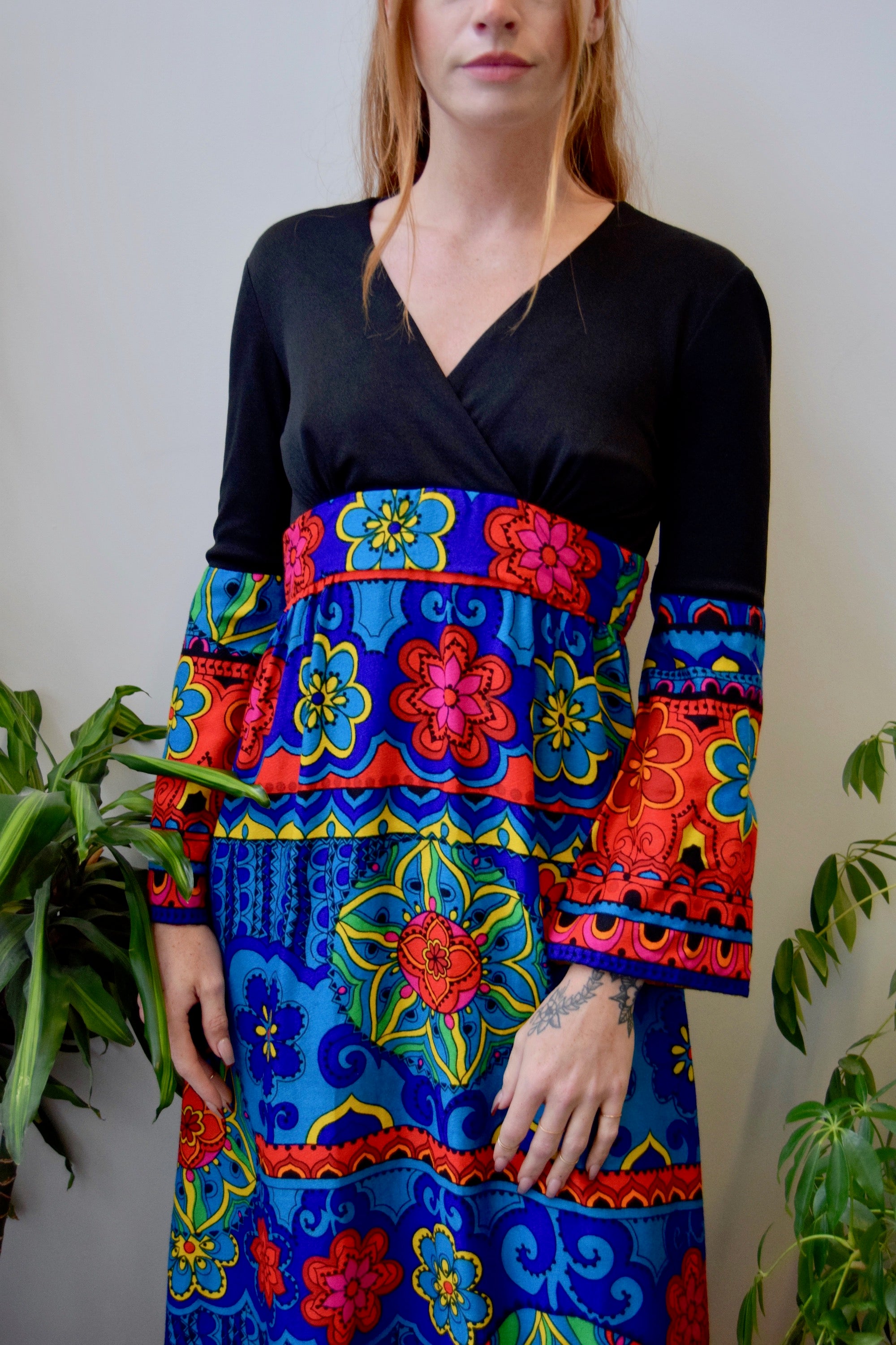 Seventies Psychedelic Floral Bell Sleeve Dress