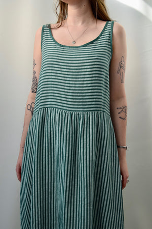 Italian Green Striped Linen Summer Dress