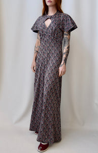 Seventies Abstract Silver Maxi Cape Dress