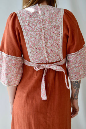 1970's Orange and Floral Peasant Dress