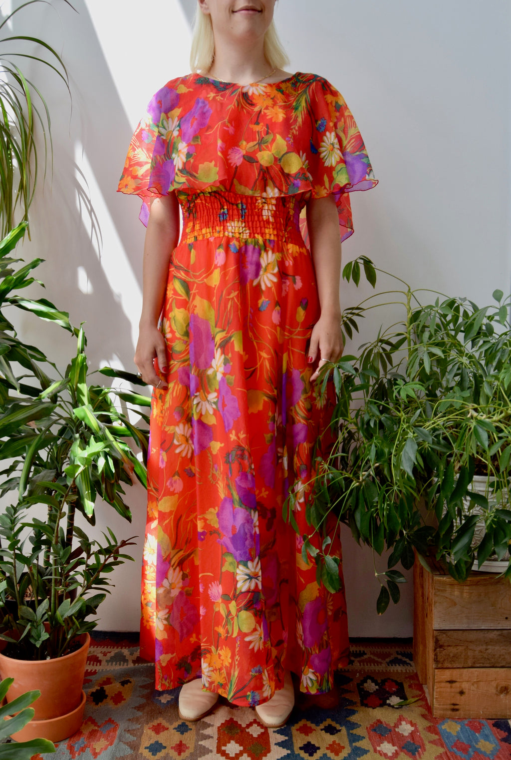 Seventies Vibrant Floral Maxi Dress