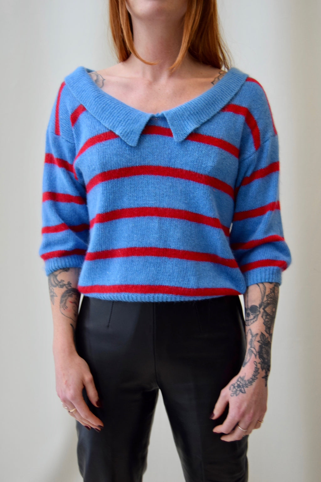 Blue and Red Pointed Collar Knit