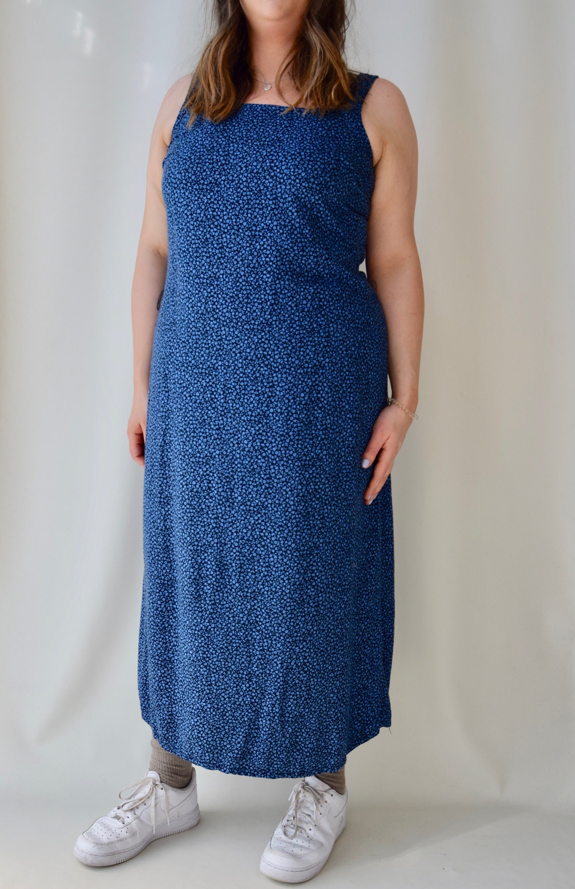 Blue on Blue Micro Floral Print Maxi Dress