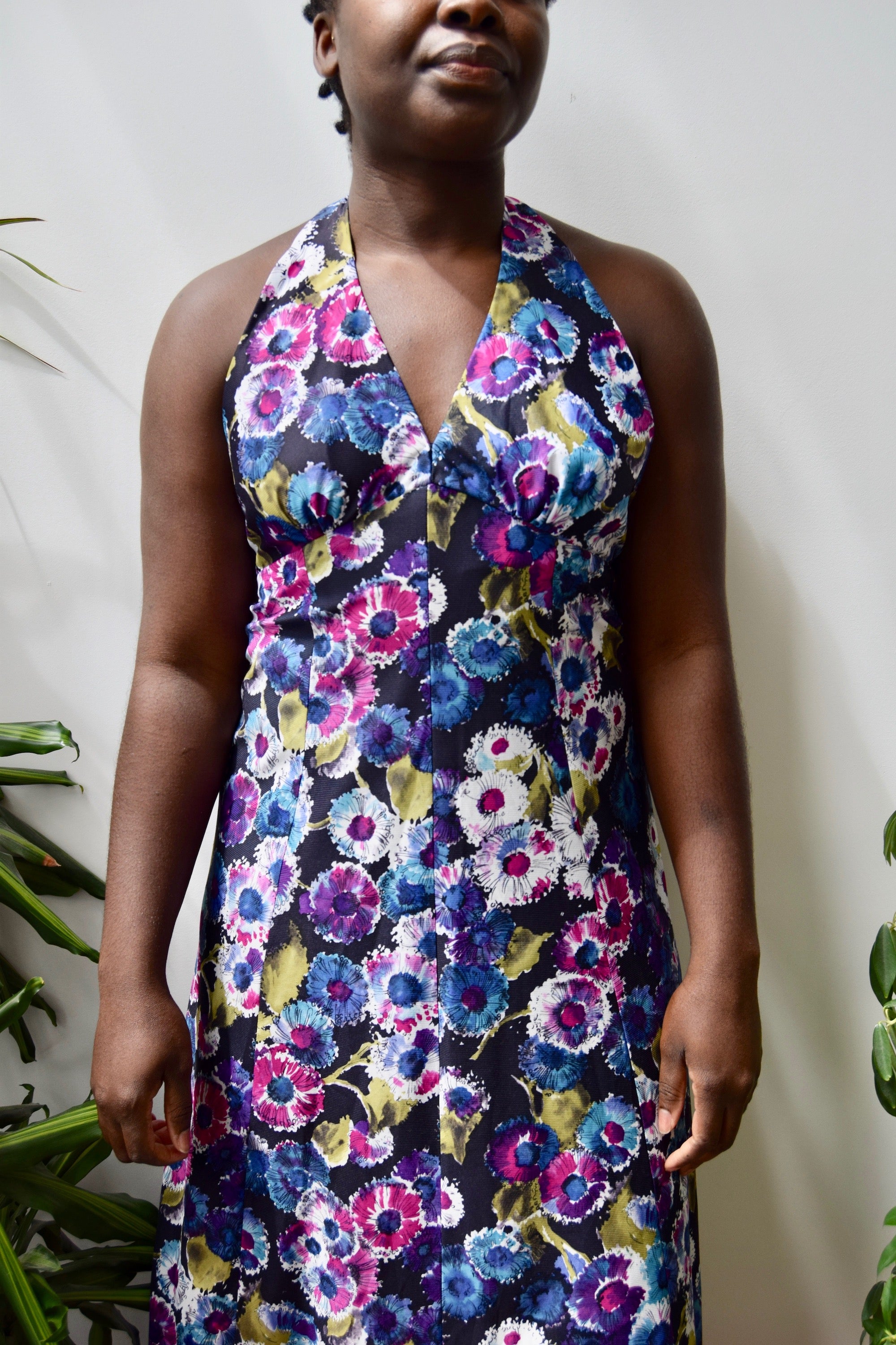 Dark Floral Seventies Halter Dress