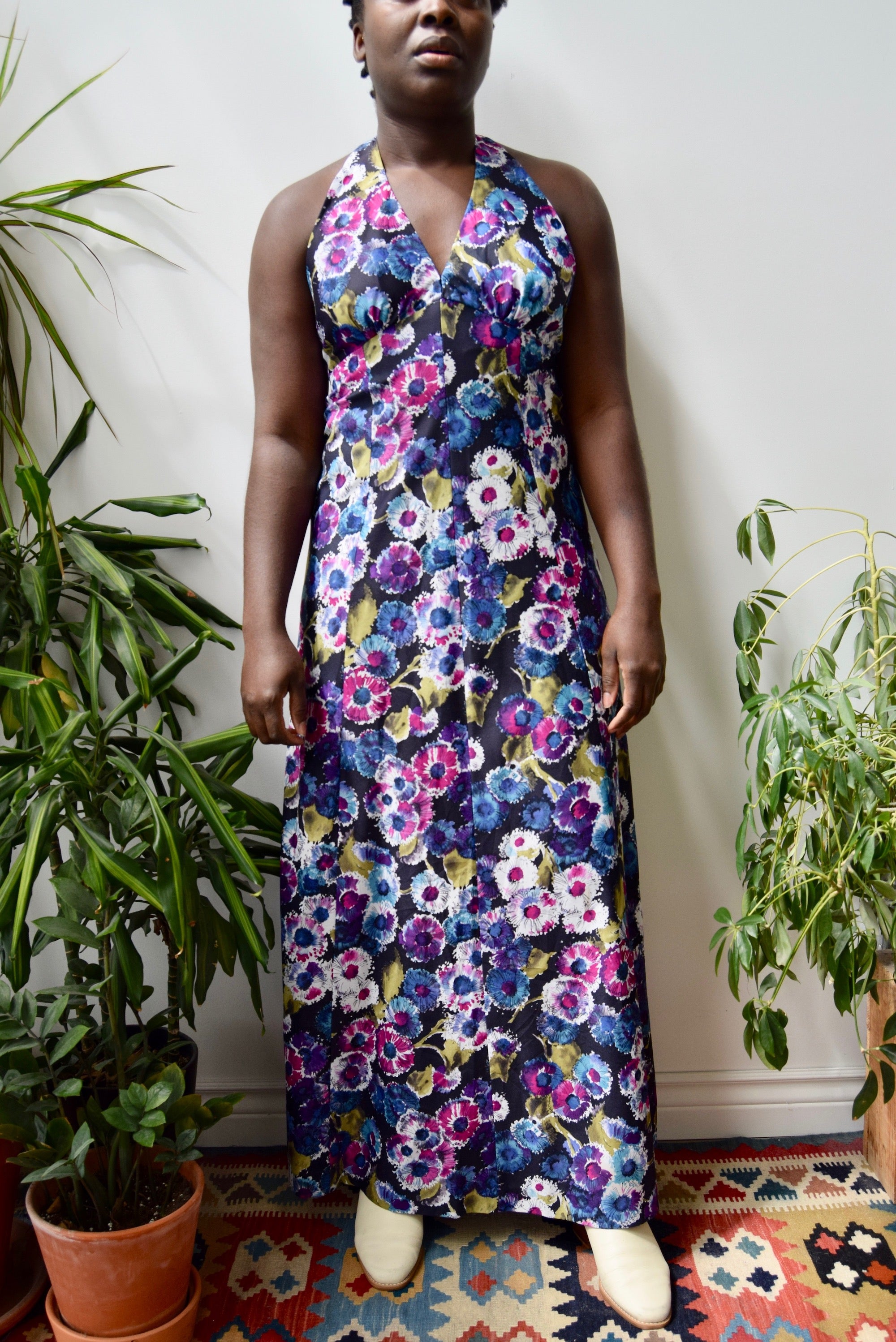 Dark Floral Seventies Halter Dress