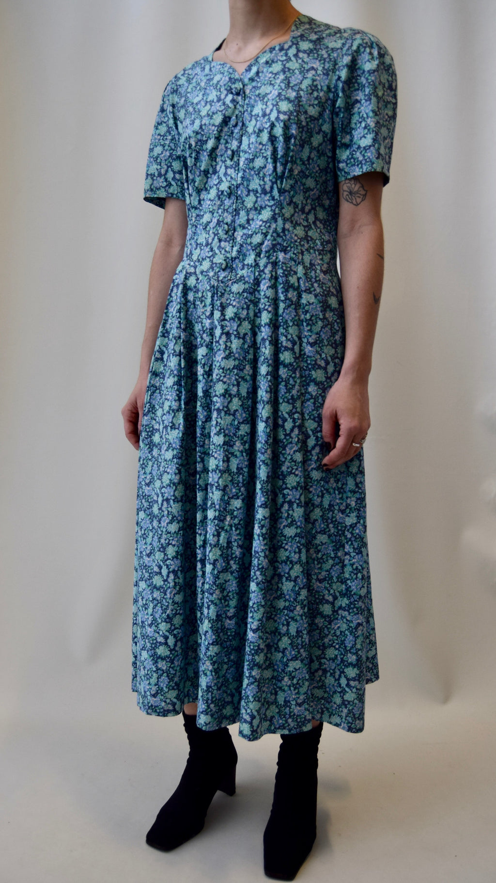 Laura Ashley Turquoise Floral Print Cotton Dress