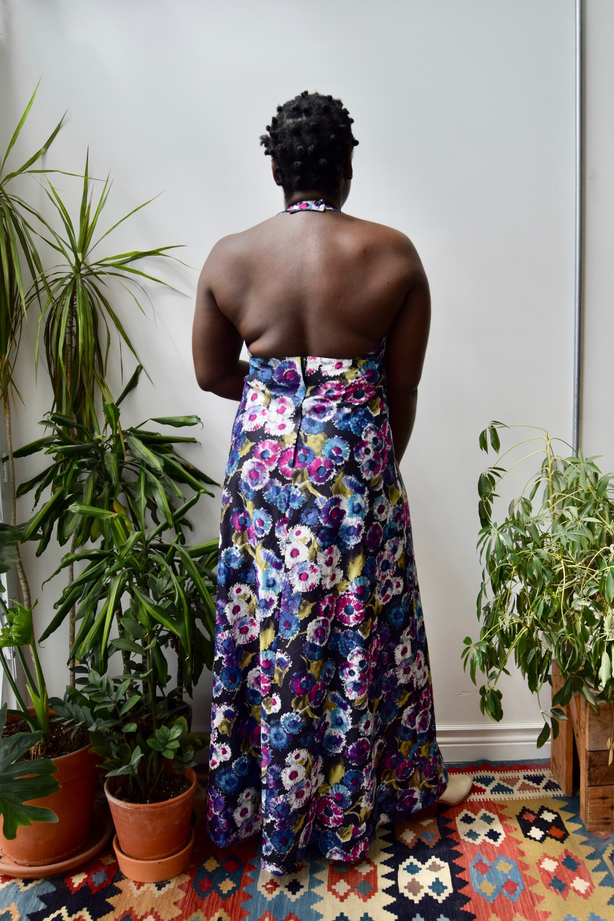 Dark Floral Seventies Halter Dress