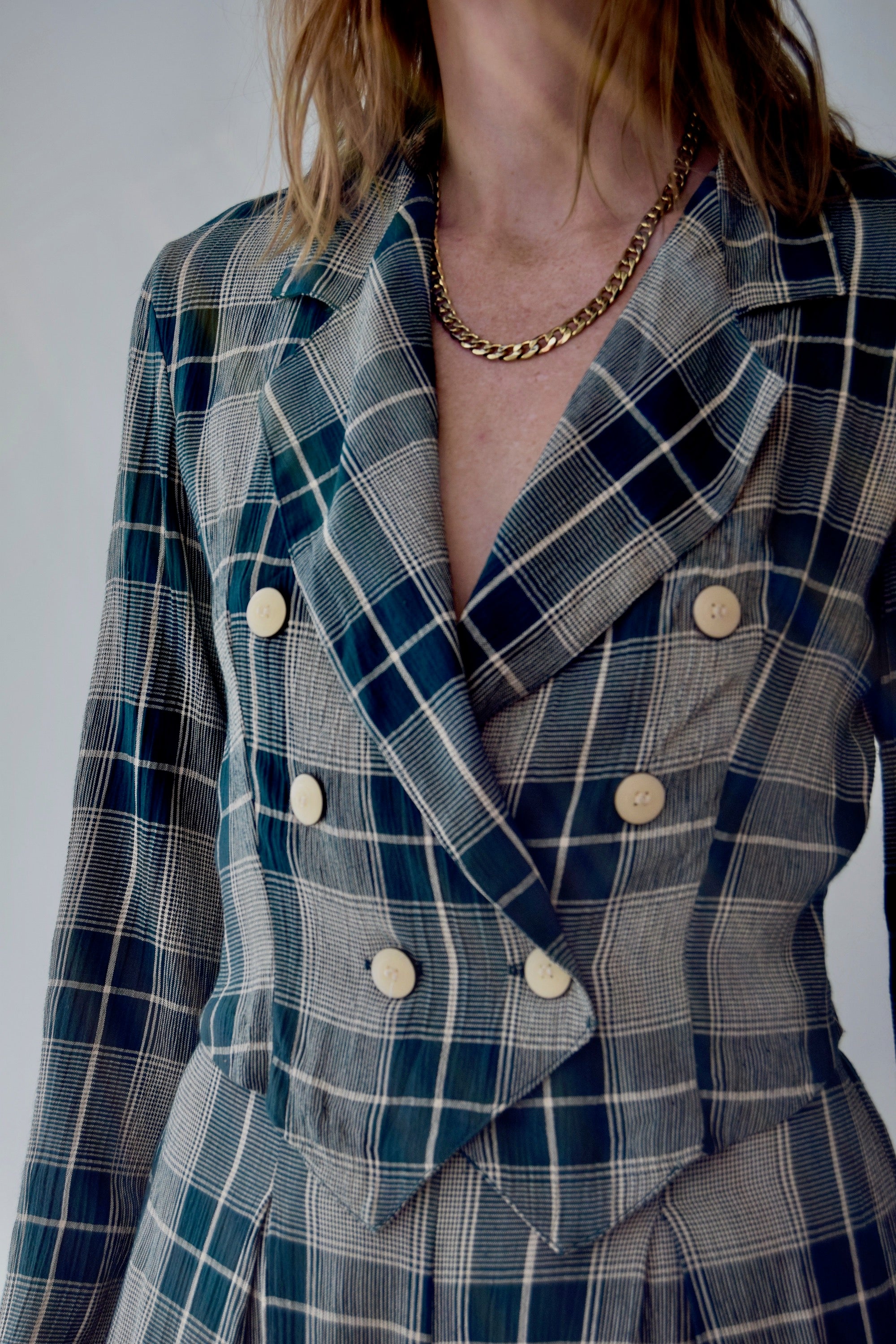 90's Rayon Plaid Blazer & Short Set