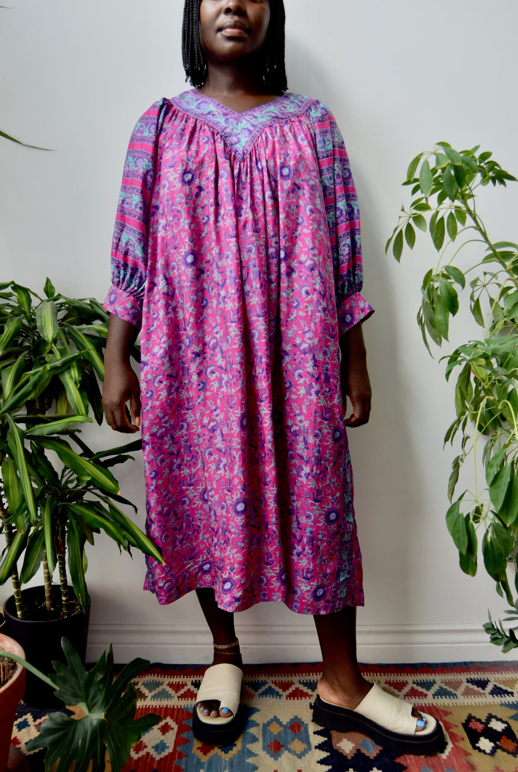 Silk Floral Peasant Dress
