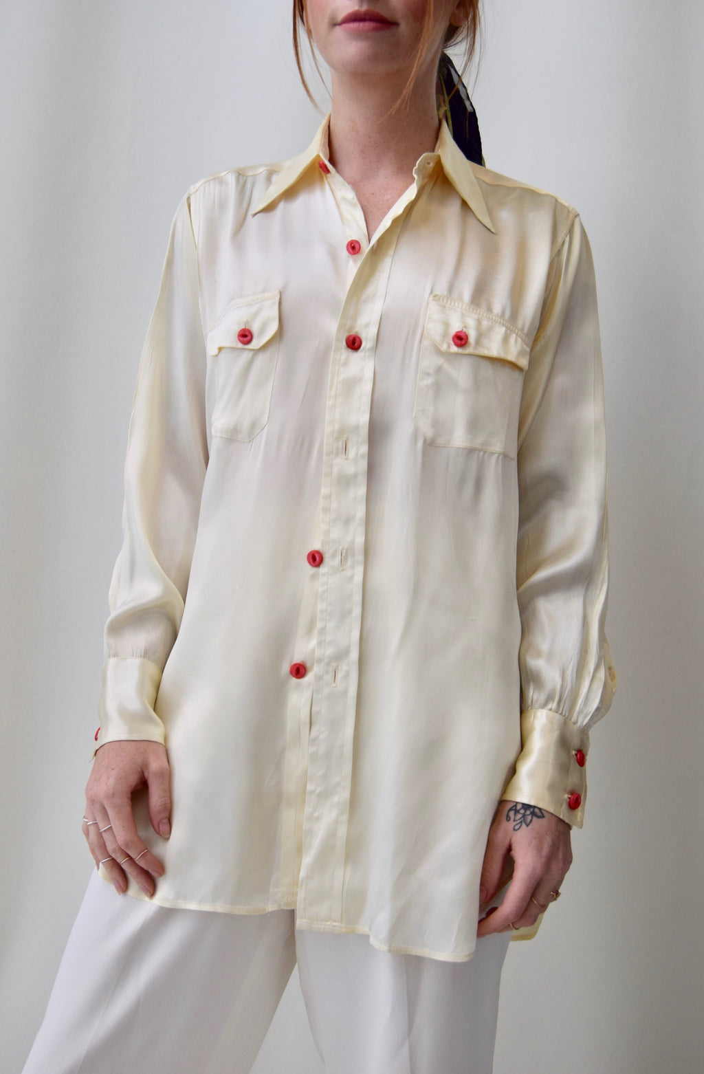 1940's Men's Ivory Satin Dress Shirt