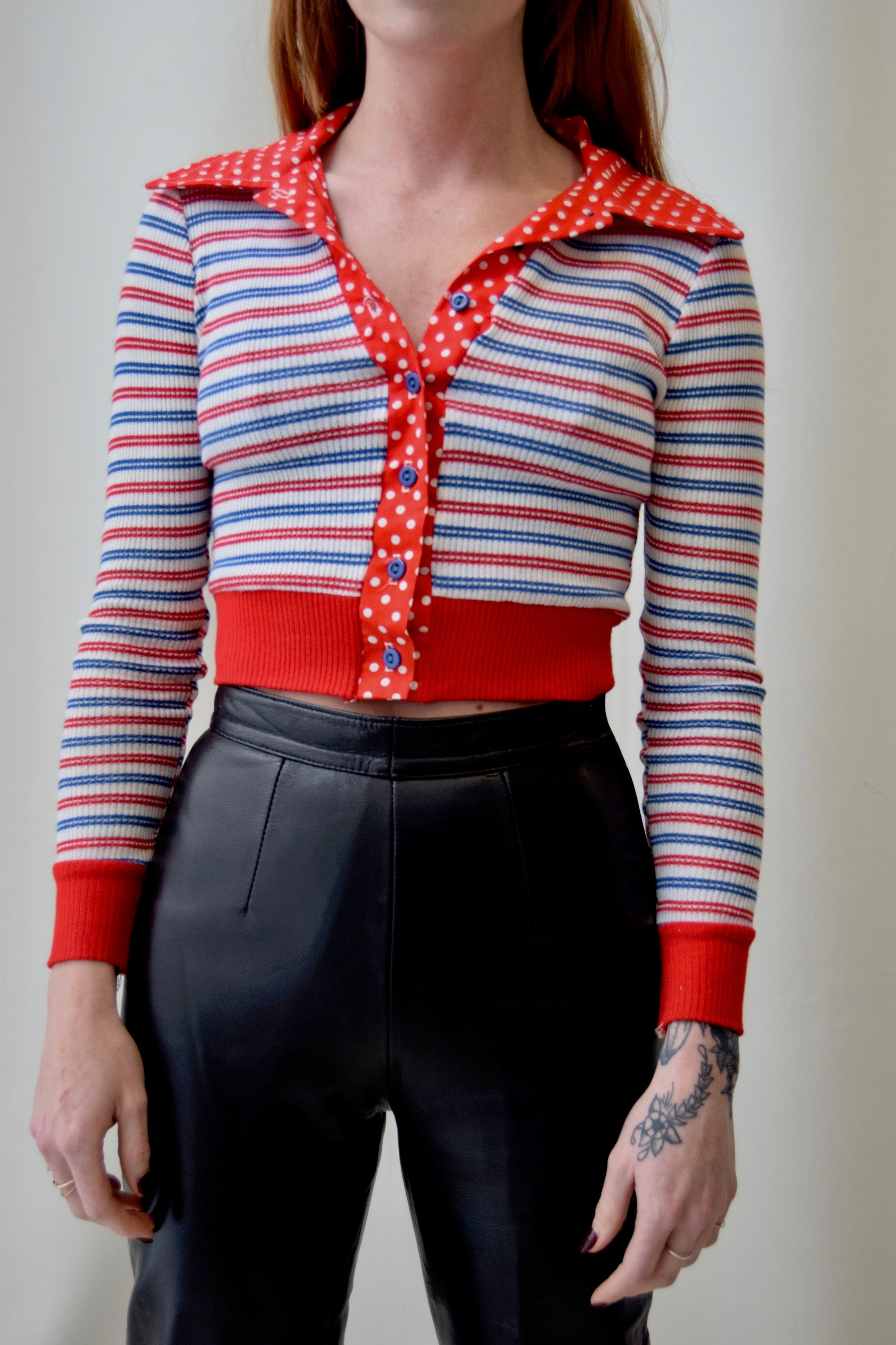 1970's Ribbed Red White & Blue Striped Crop Top