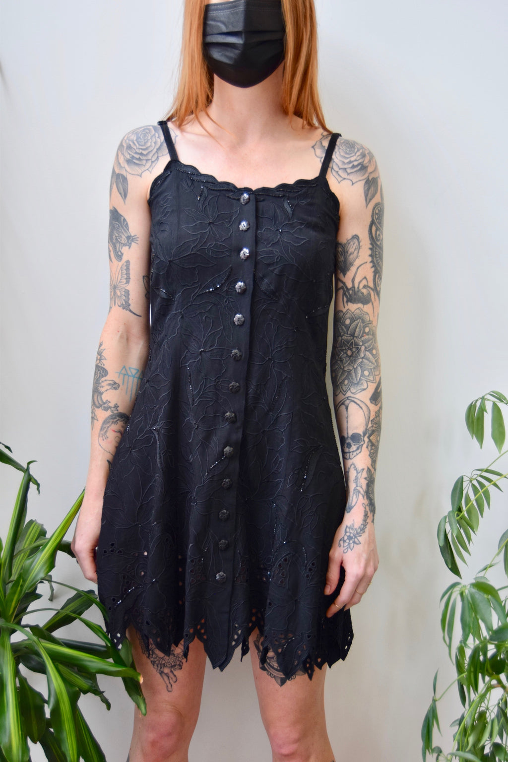 Black Rayon Floral Beaded Mini Dress