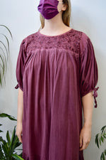 Wine Gauzy Cotton Embroidered Dress