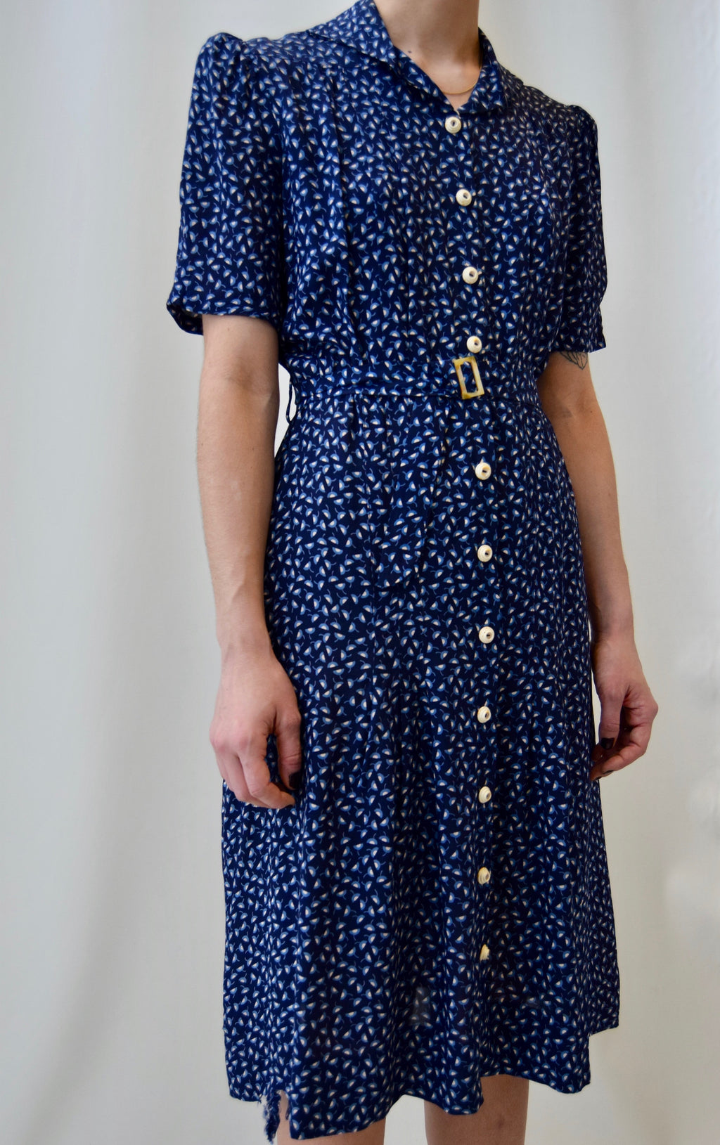 40s Cold Rayon Blue Tones Printed Midi Dress