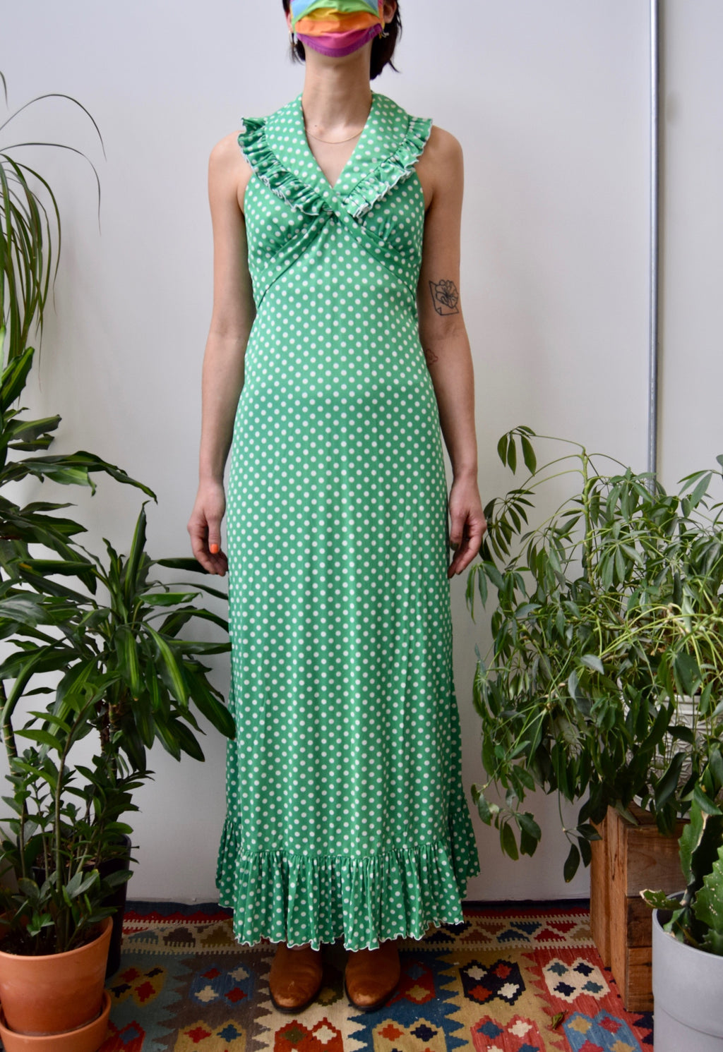 Seventies Green and White Polka Dot Dress