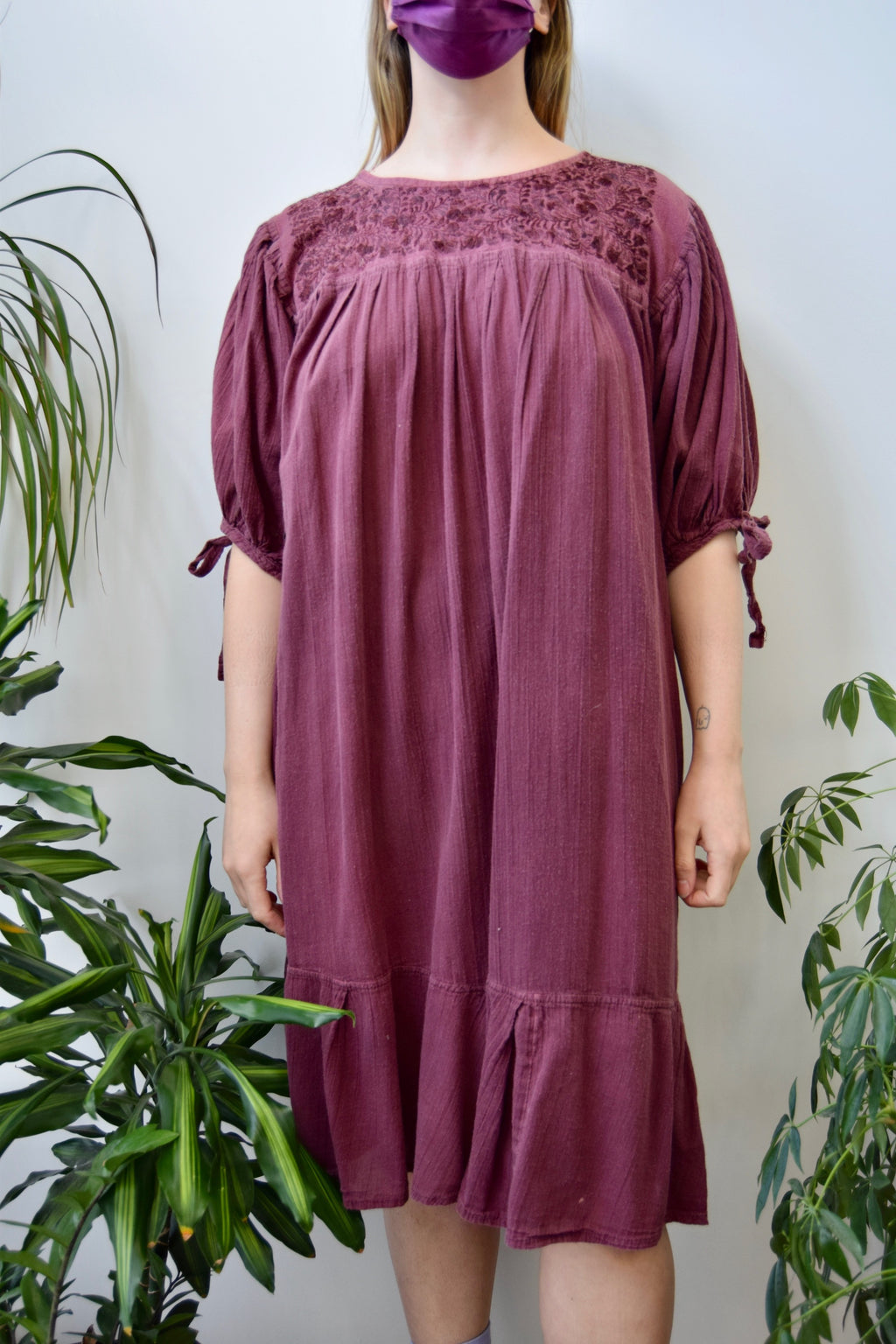 Wine Gauzy Cotton Embroidered Dress