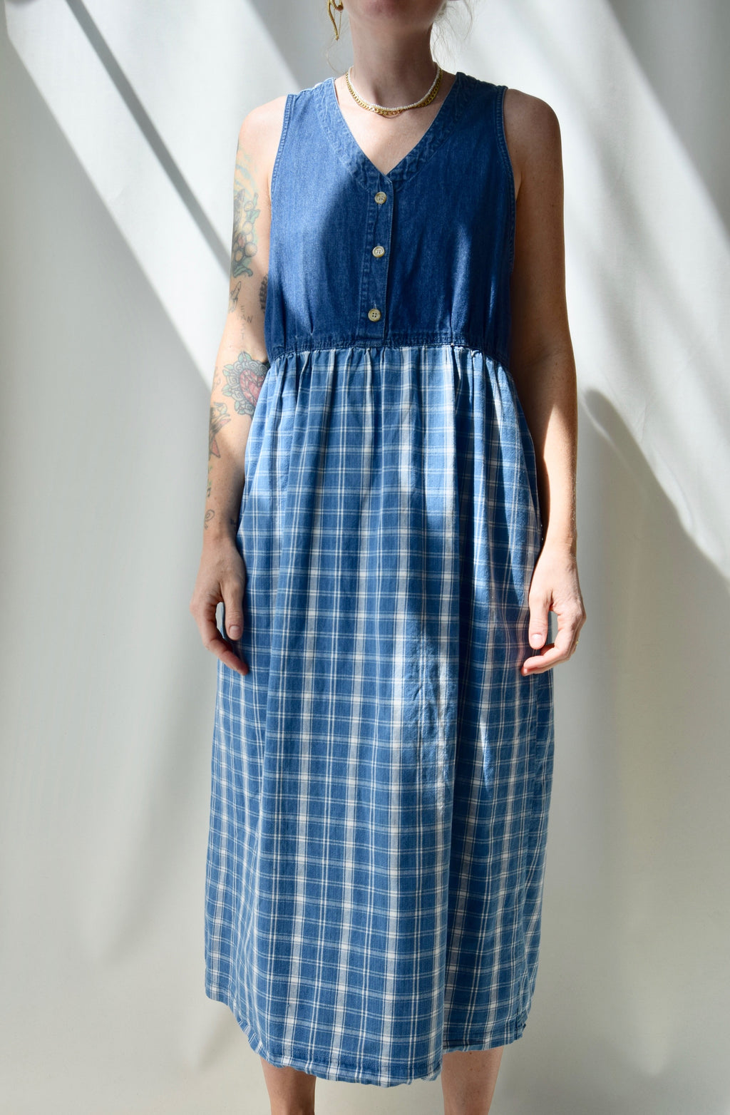 Denim Gingham Maxi Dress