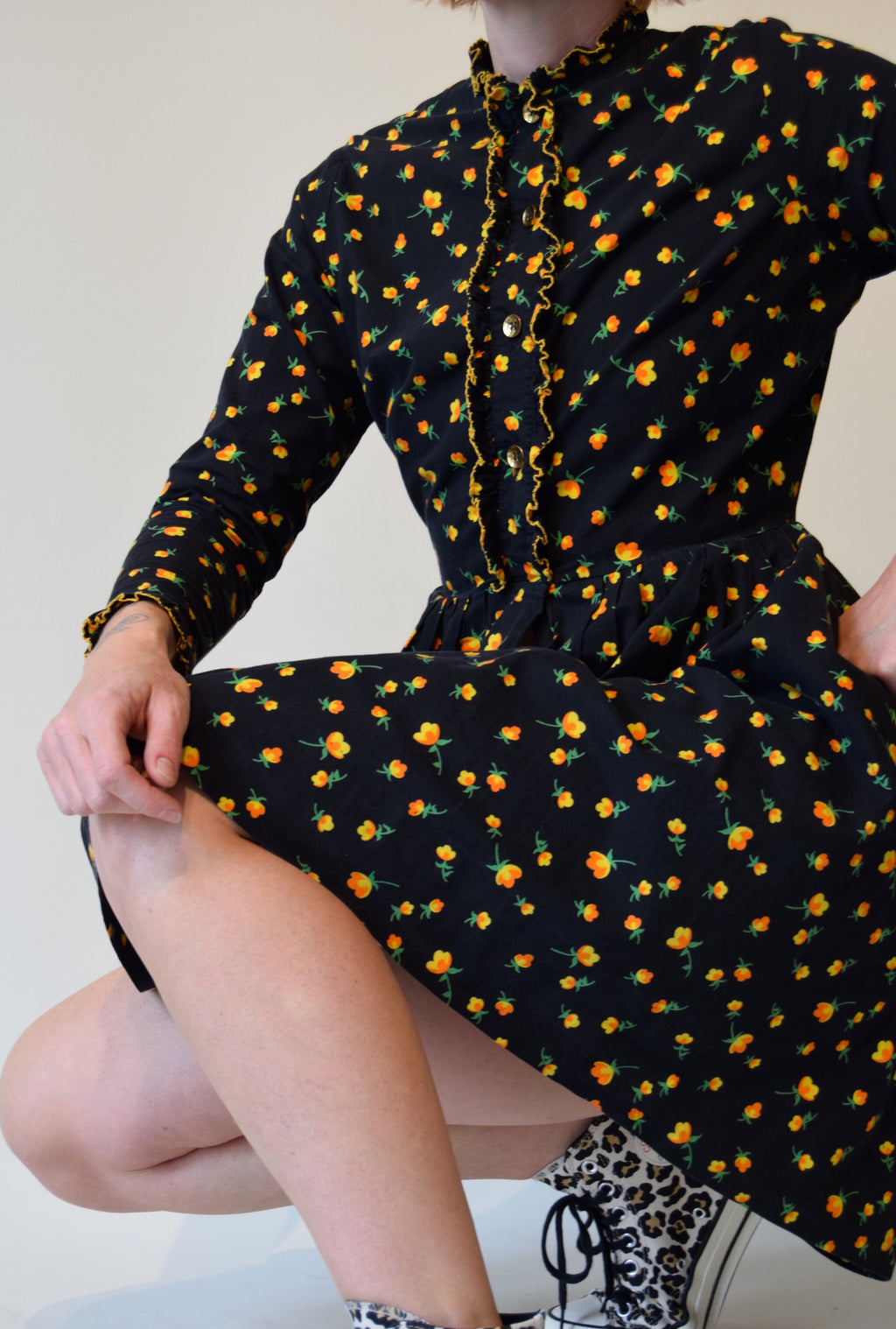 Vintage Black Floral Mini Dress with Ruffle Priest Collar