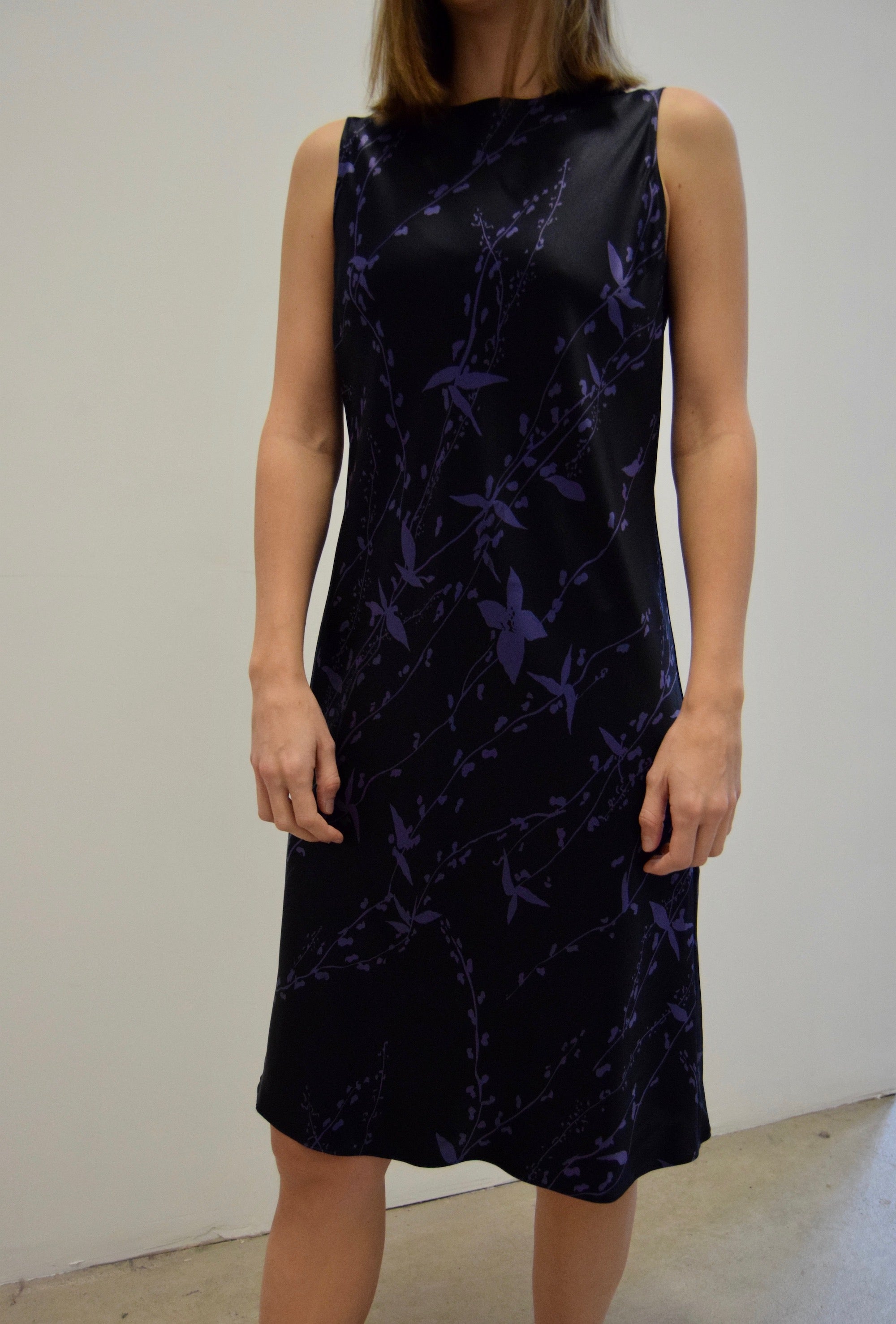 DKNY Silk Dark Indigo and Violet Botanical Dress