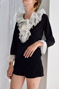 Sixties Black And White Ruffle Collar Top