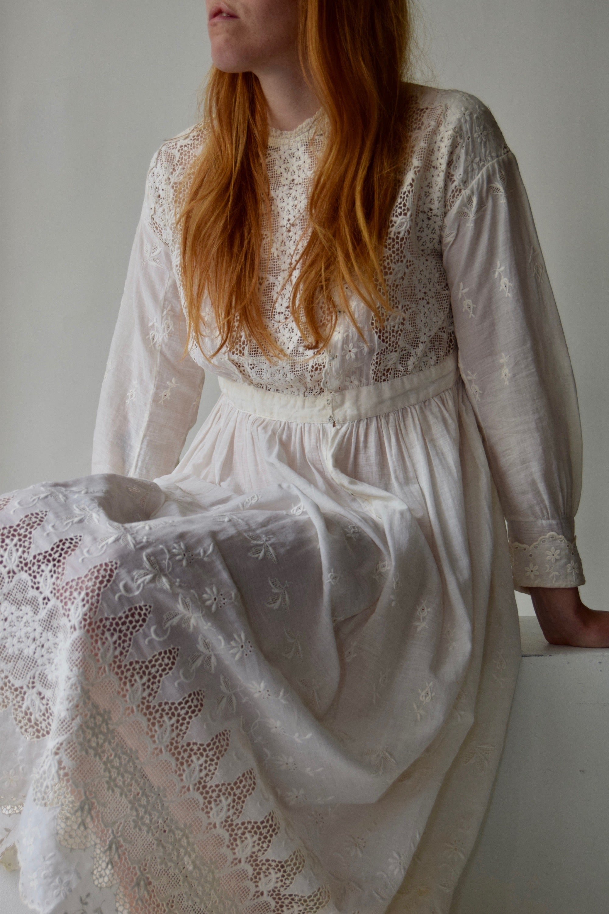 Antique Edwardian Natural White Net Lace Dress