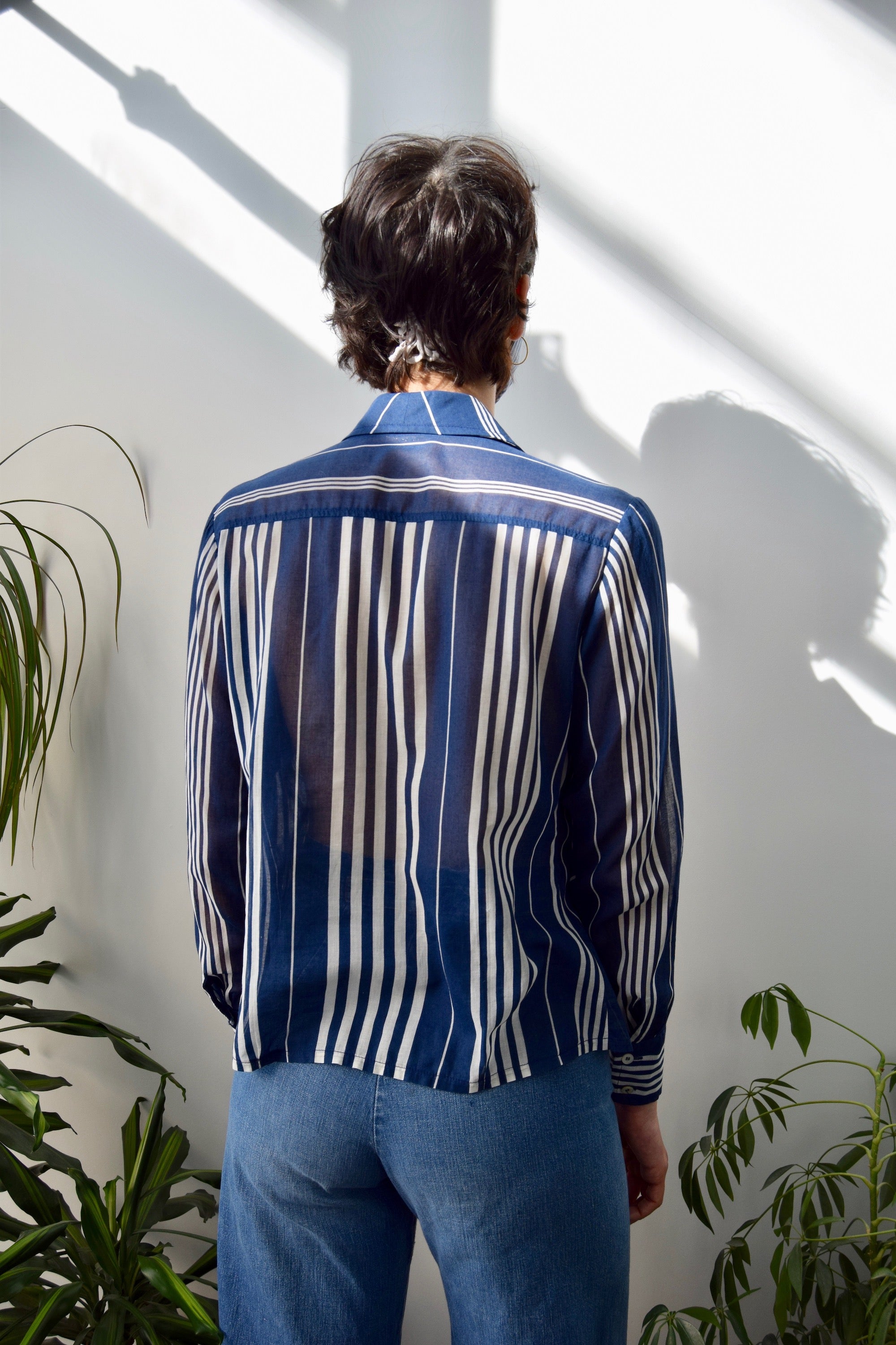 Seventies Sheer Navy Striped Button Up