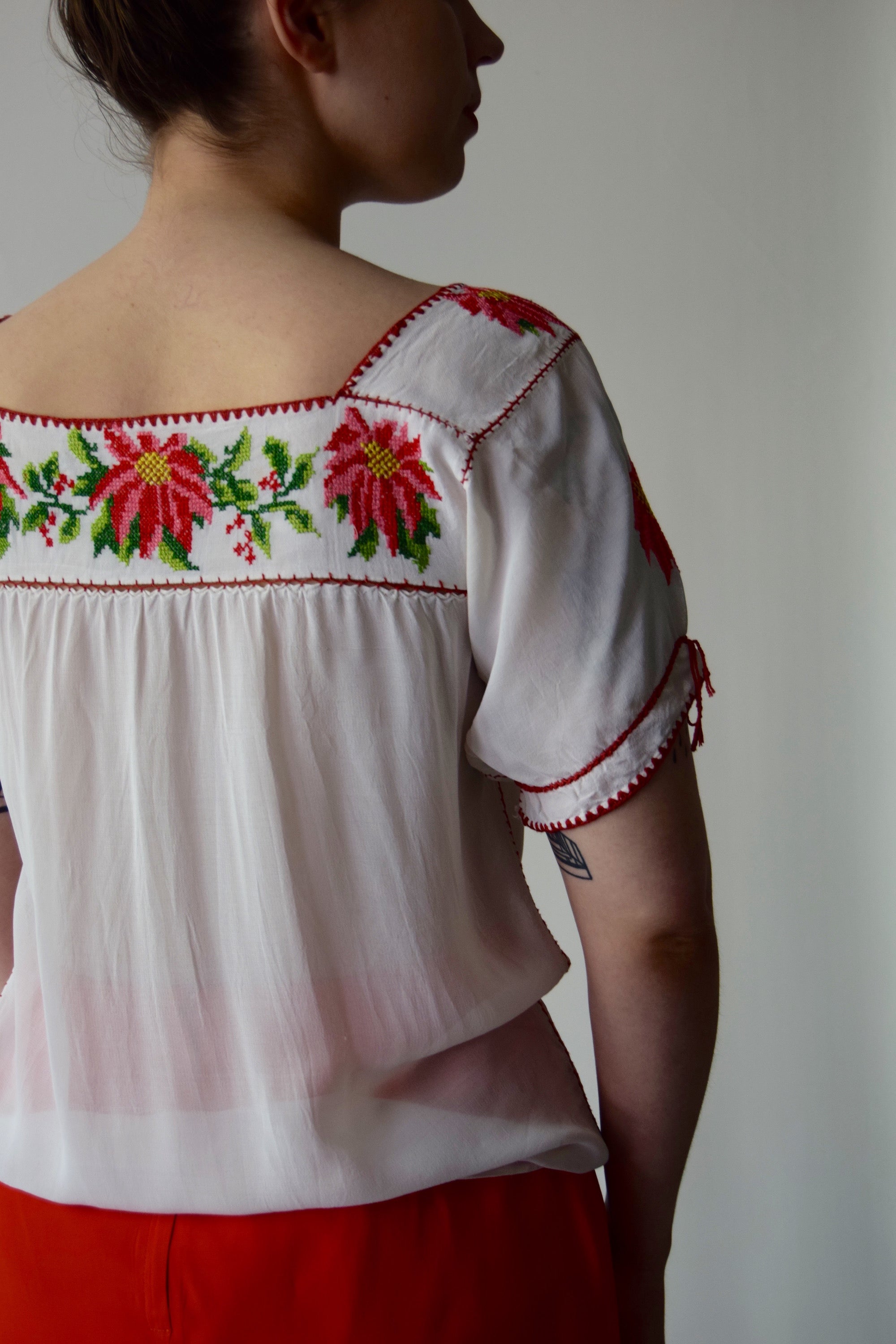 Vintage Peasant Blouse with Pink and Red Floral Embroidery