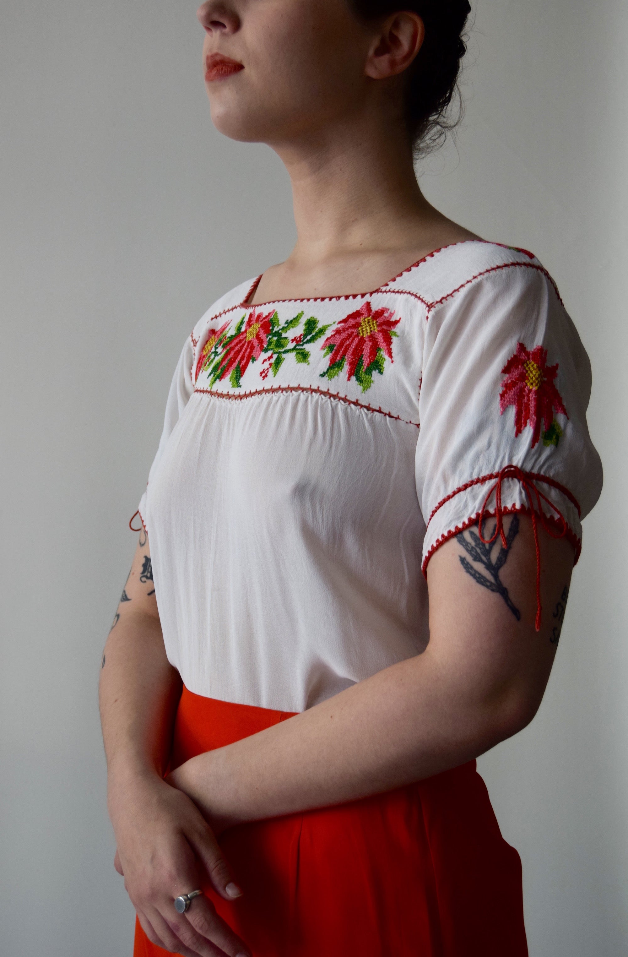 Vintage Peasant Blouse with Pink and Red Floral Embroidery