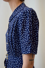 40s Cold Rayon Blue Tones Printed Midi Dress