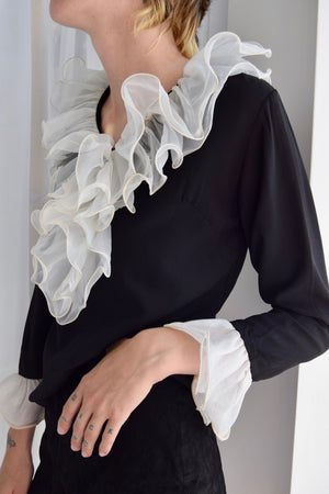 Sixties Black And White Ruffle Collar Top