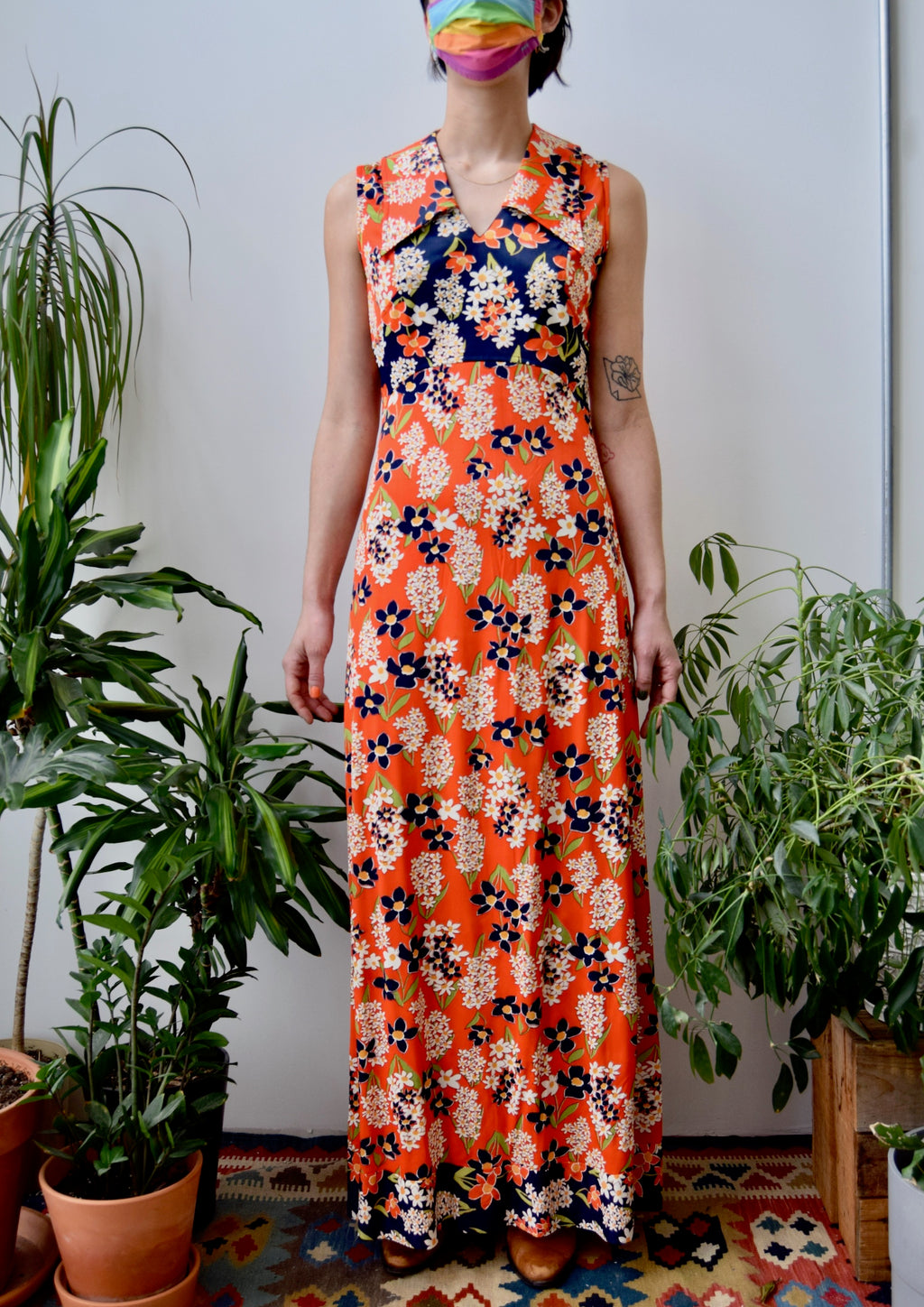 Seventies Orange Floral Maxi Dress