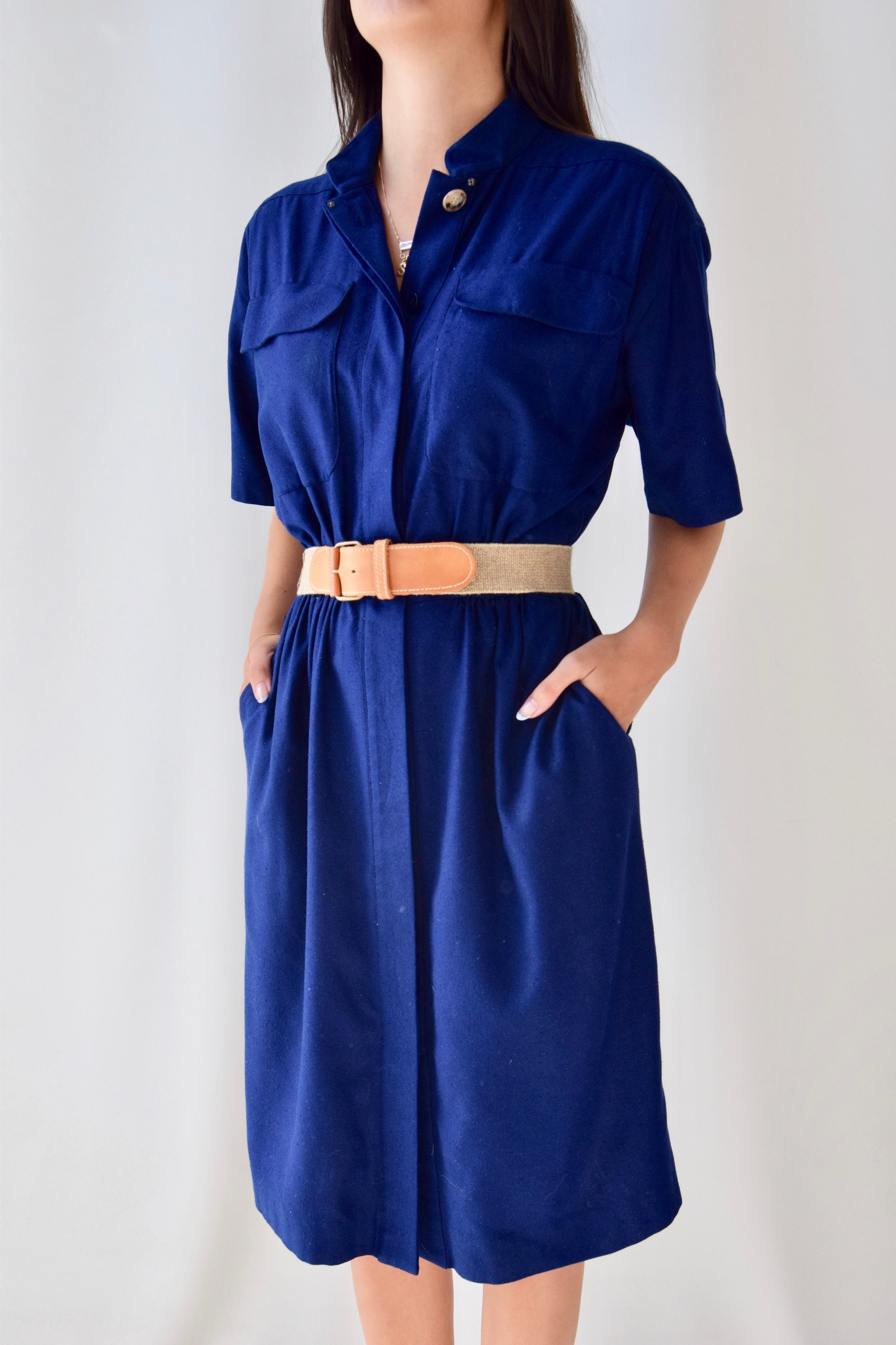 Navy Raw Silk Shirtdress