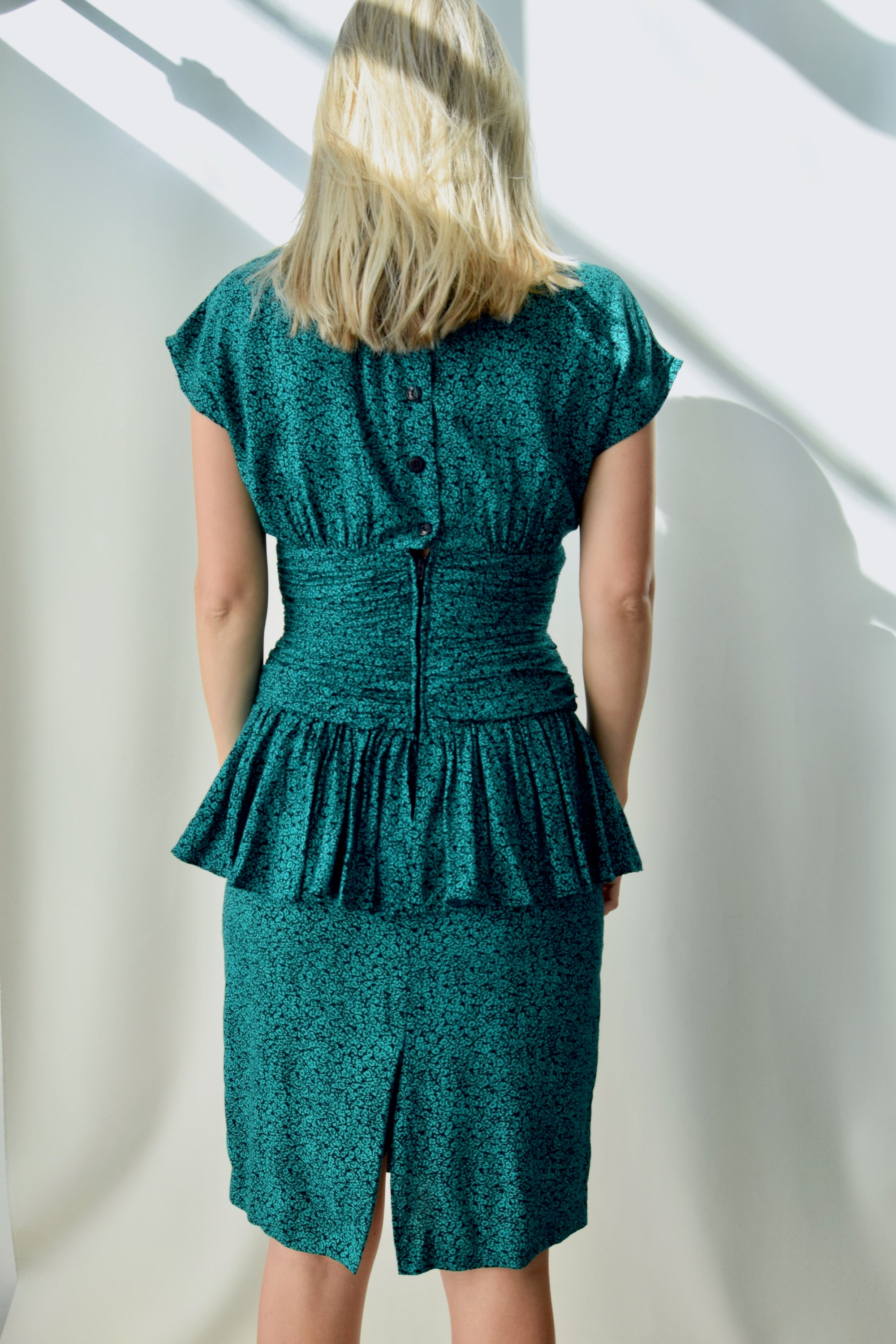 Nineties Teal Floral Peplum Party Dress