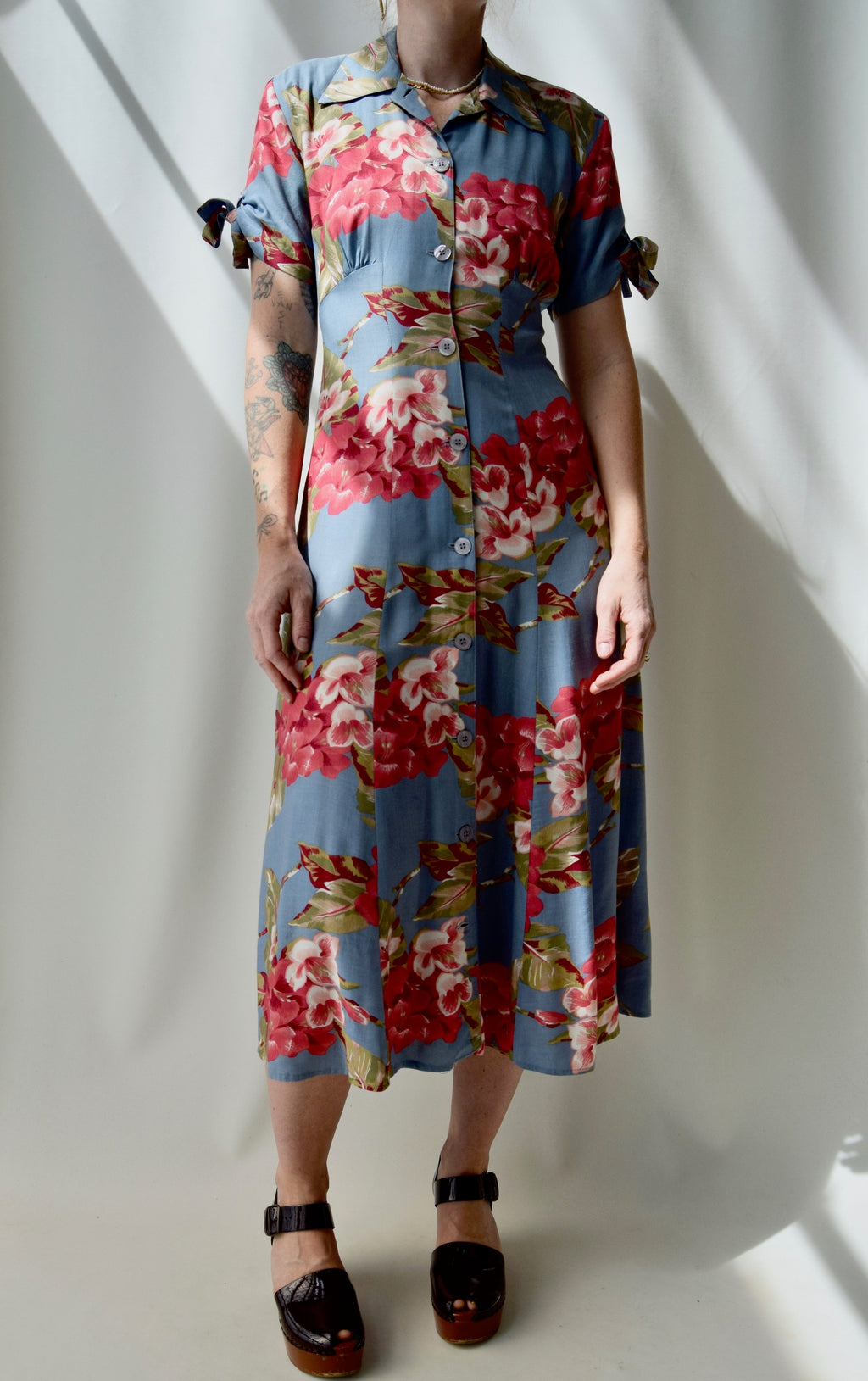 90's Muted Teal Tropical Floral Dress