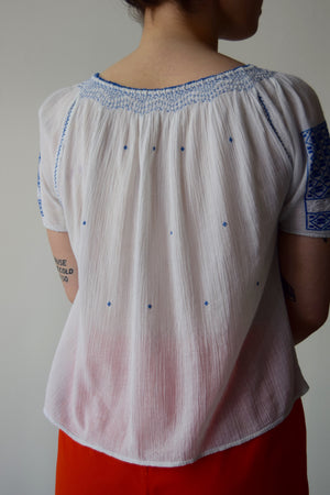 Vintage White Peasant Blouse with White and Blue Embroidery