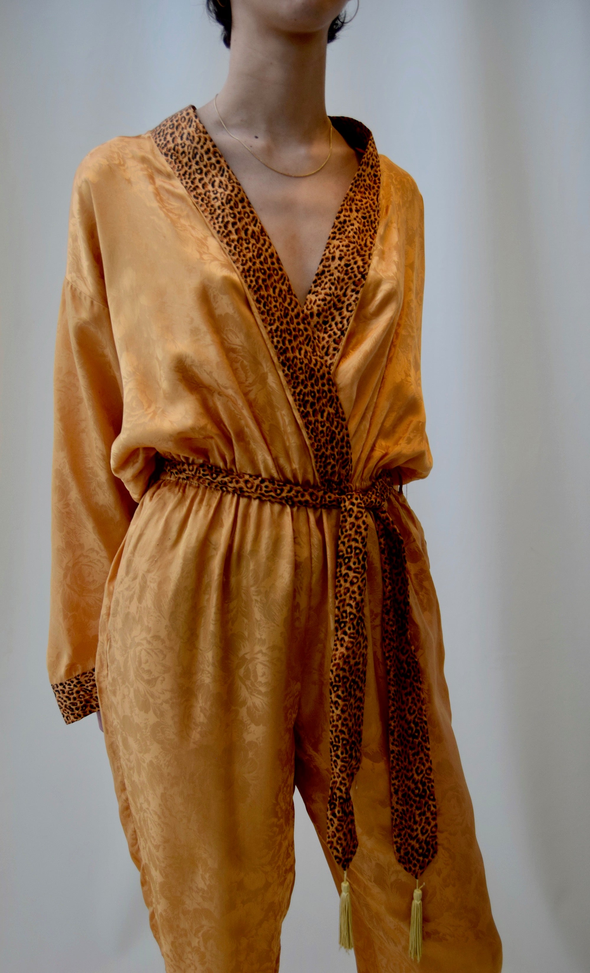 Gold Leopard Silk Robe Tie Jumpsuit