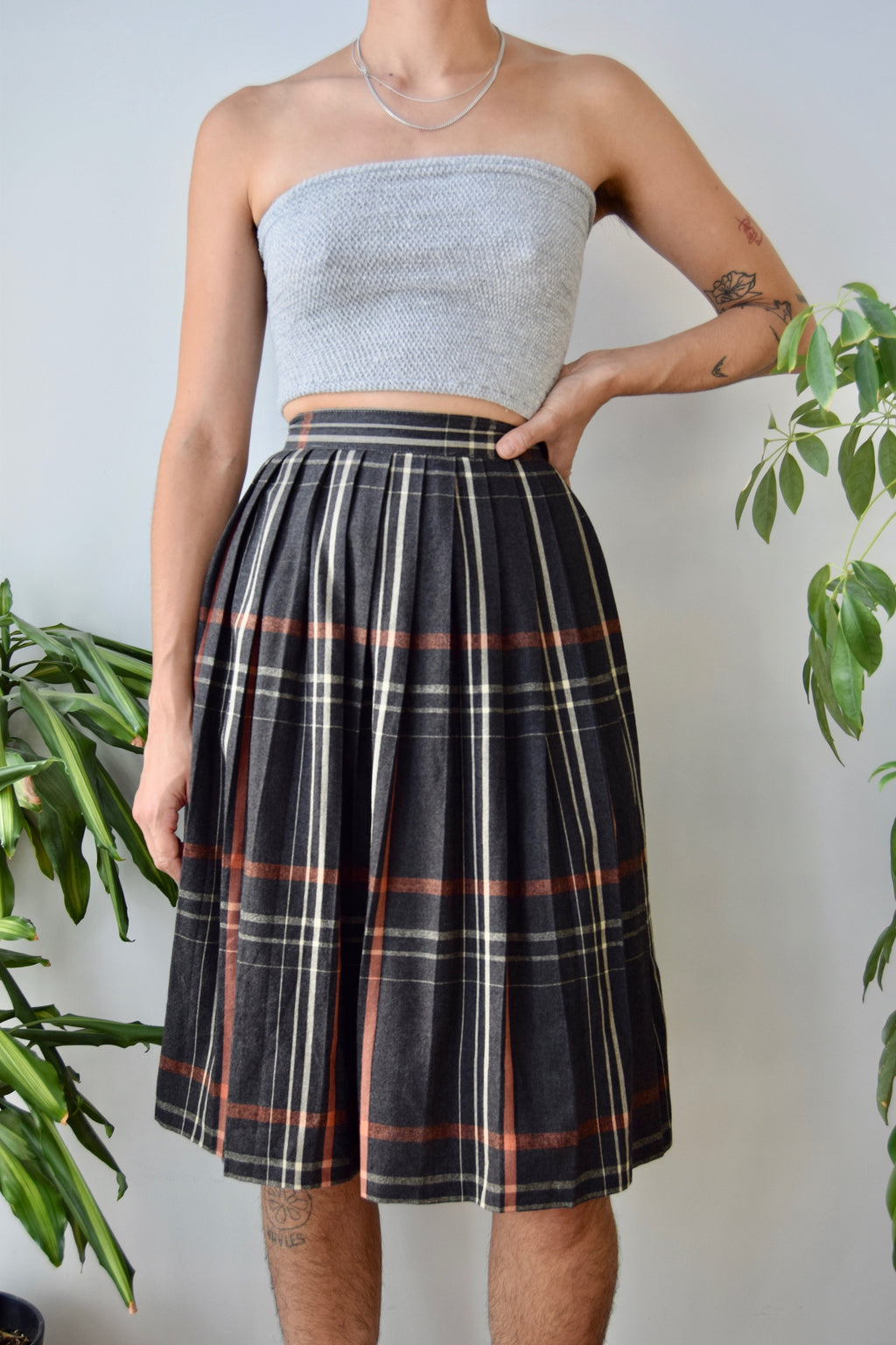 Charcoal Wool Plaid Skirt