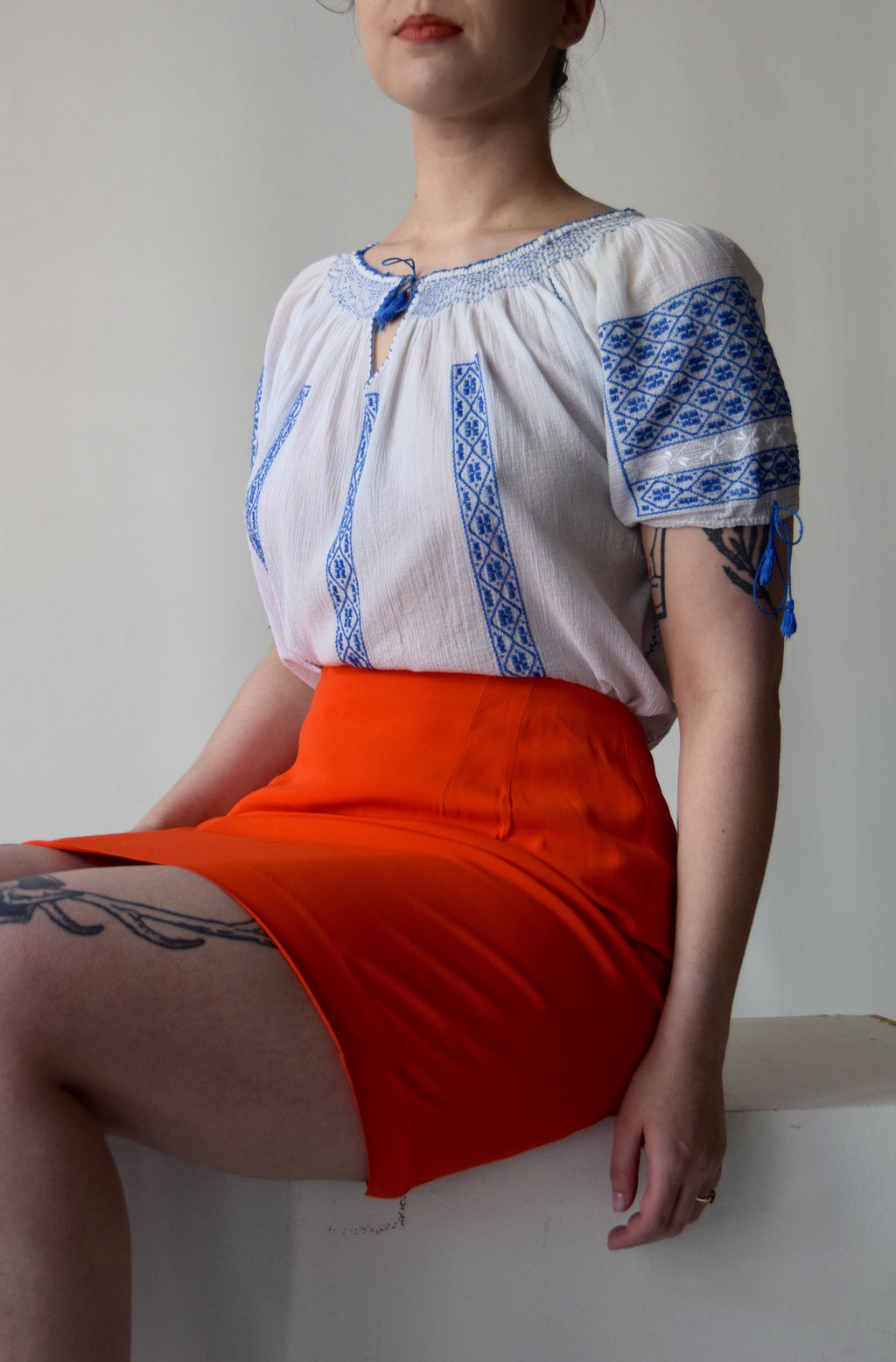 Vintage White Peasant Blouse with White and Blue Embroidery
