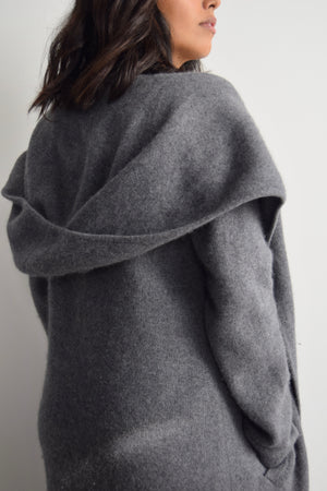 Steel Grey Hooded Cashmere Blend Sweater Coat