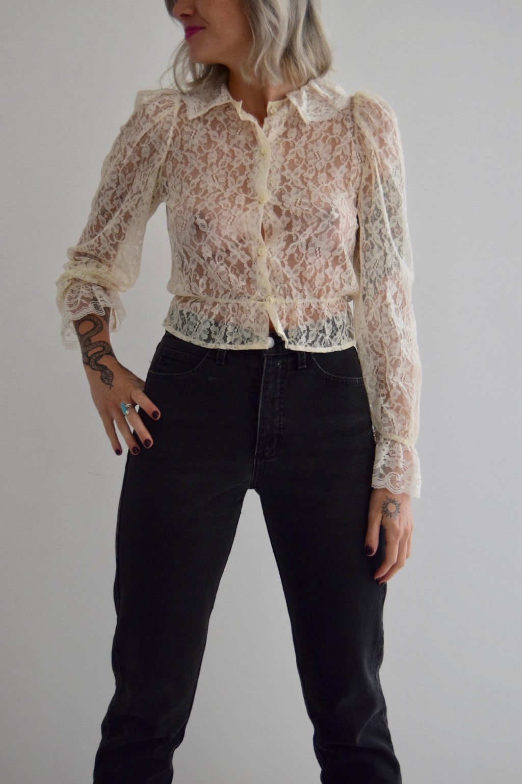 Vintage Cream Lace Ruffle Blouse