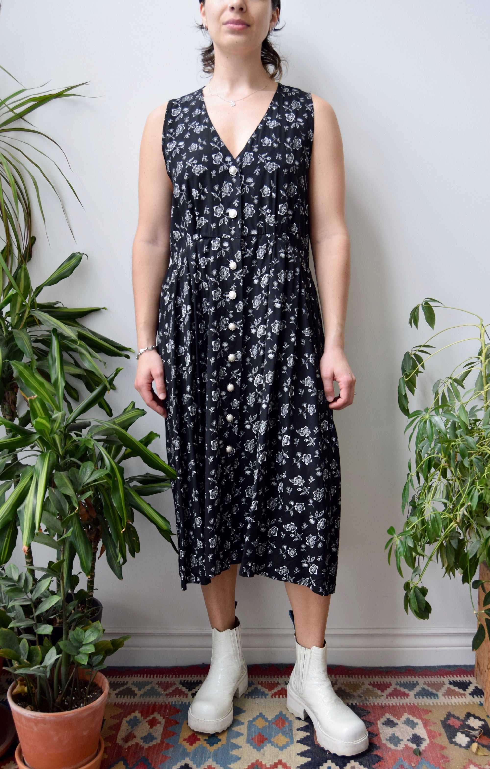 Nineties B&W Floral Rayon Dress