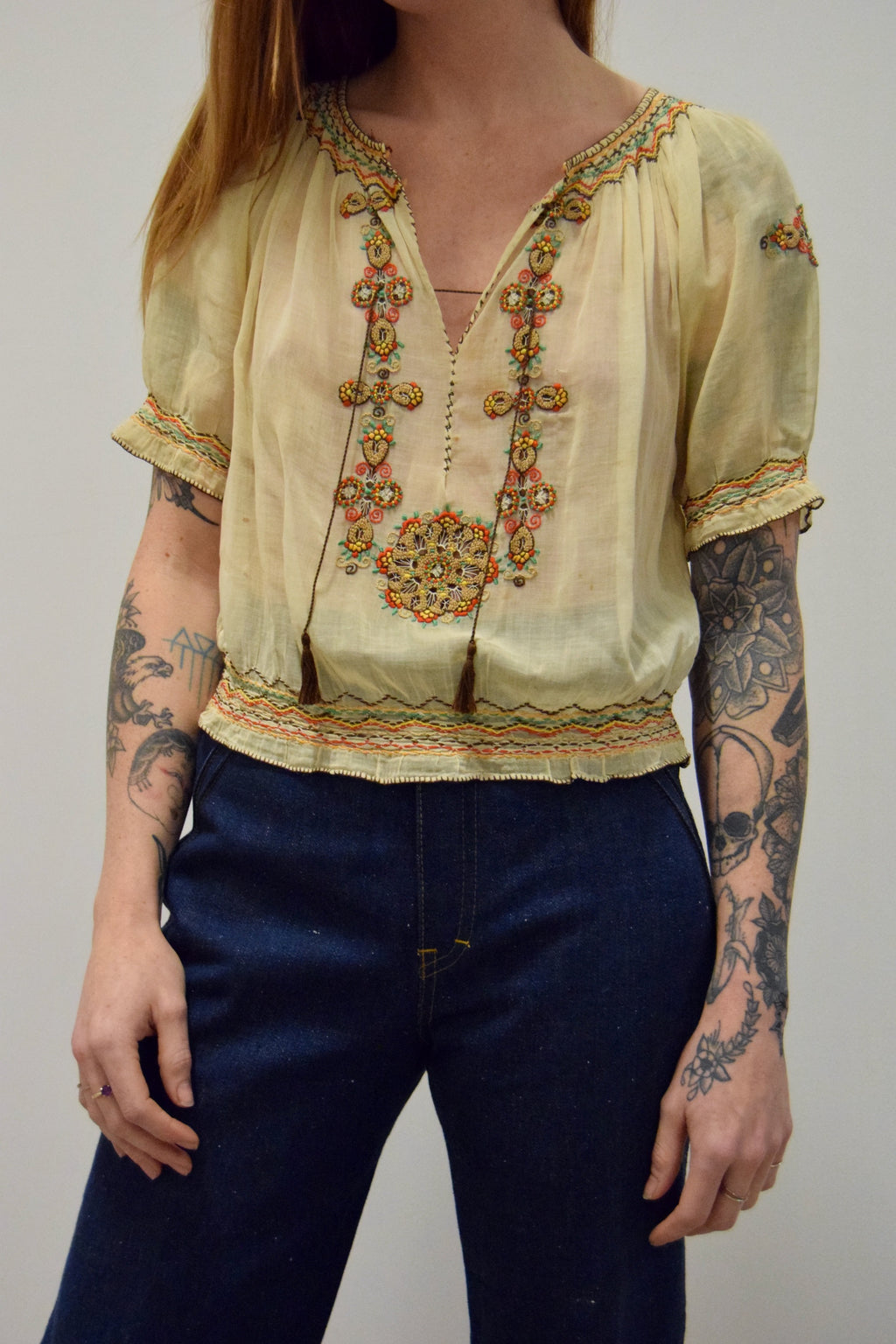 1930's Hungarian Embroidered Gauze Cotton Blouse