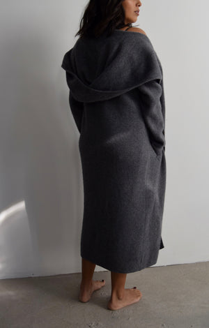 Steel Grey Hooded Cashmere Blend Sweater Coat