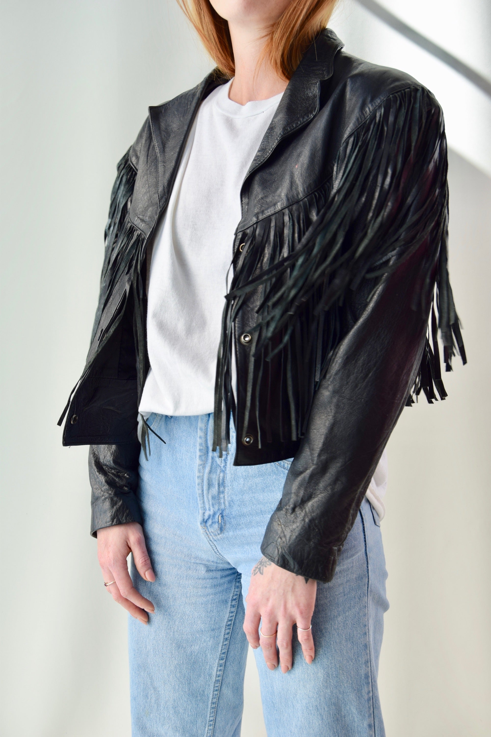 Vintage Black Fringe Leather Cropped Jacket