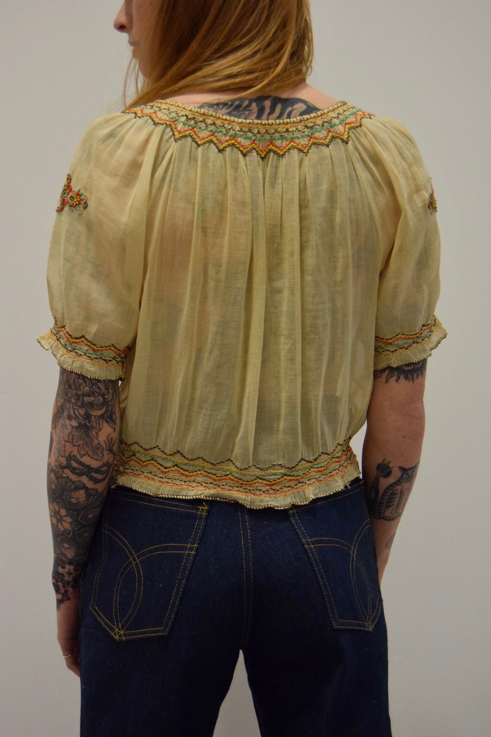 1930's Hungarian Embroidered Gauze Cotton Blouse