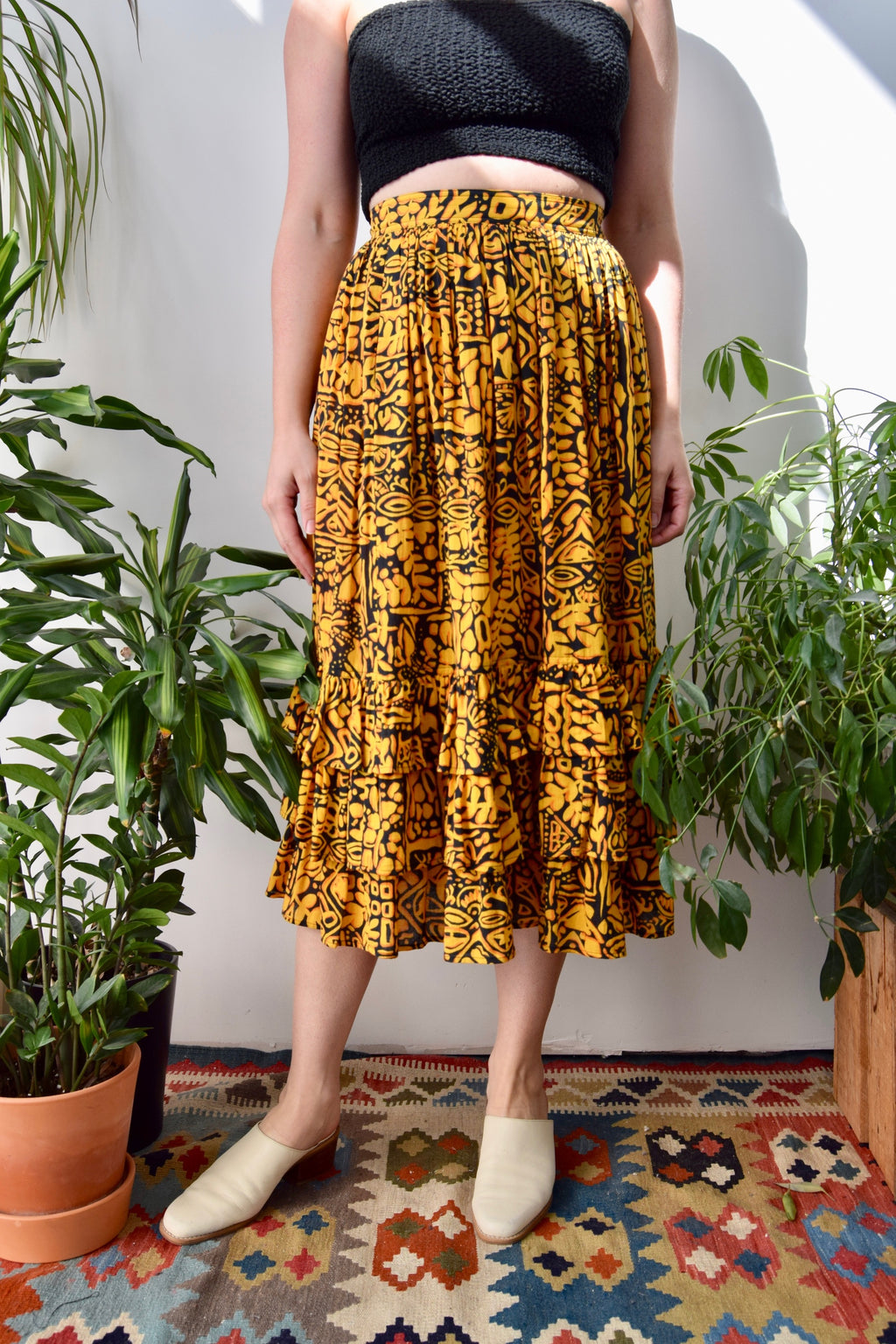 Golden Cotton Ruffle Midi Skirt